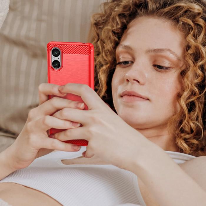 Bild 6, Sony Xperia 5 V Skal Borstad Stål Textur Röd