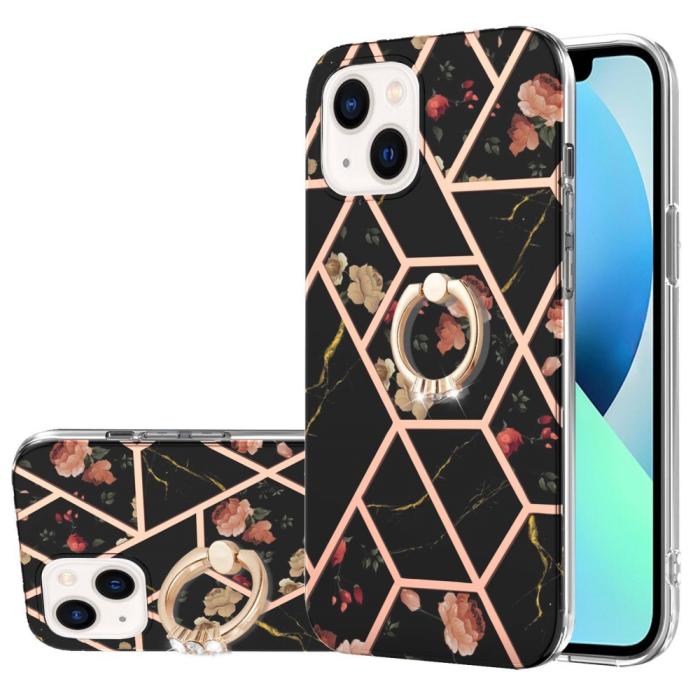Bild 1, iPhone 15 Skal Marmor Ring Svart Blomma