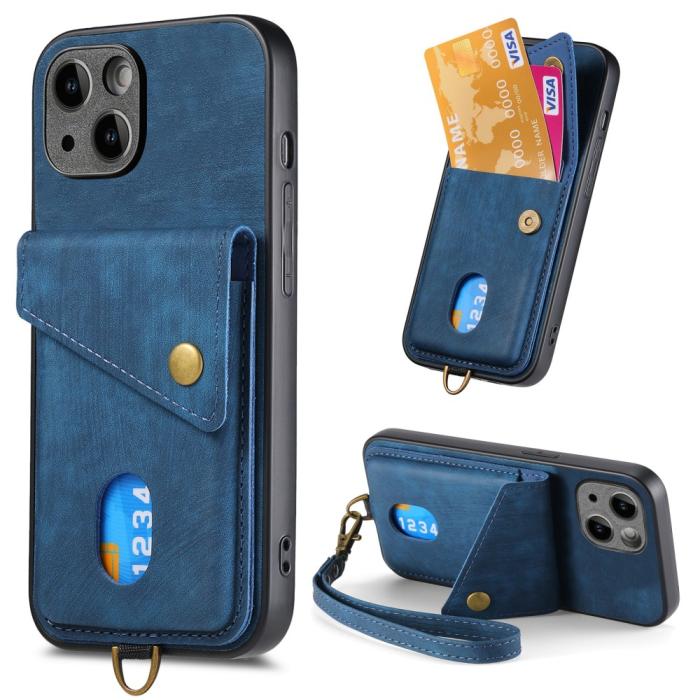 Bild 1, iPhone 15 Plus Skal Retro Läder Med Kortfack Blå