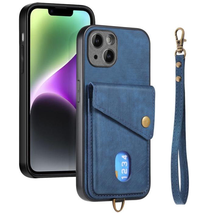 Bild 2, iPhone 15 Plus Skal Retro Läder Med Kortfack Blå