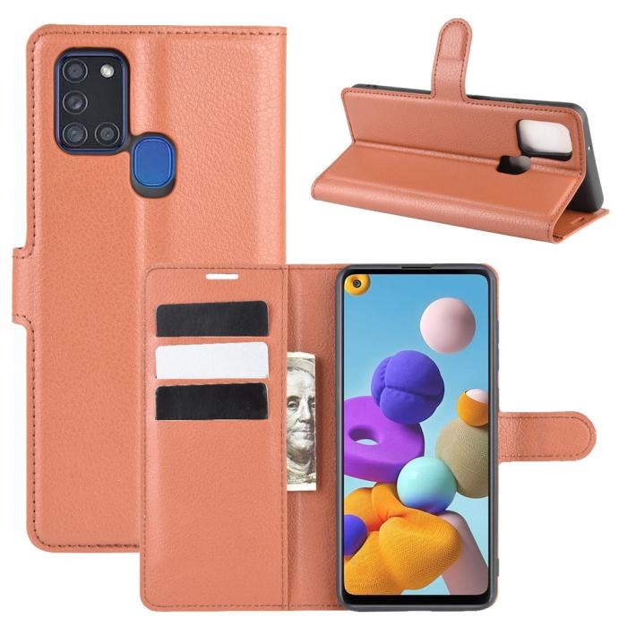 Bild 1, Samsung Galaxy A21s - Litchi Plånboksfodral - Brun