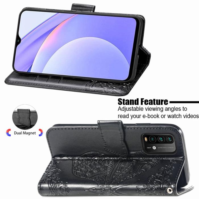 Bild 5, Xiaomi Redmi 9T - Butterfly Läder Fodral - Svart