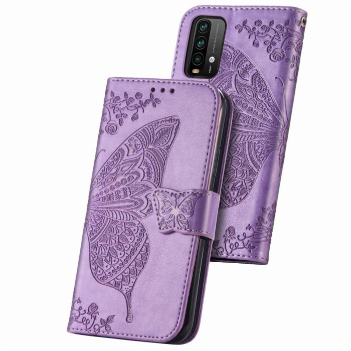 Bild 2, Xiaomi Redmi 9T - Butterfly Läder Fodral - Ljus Lila