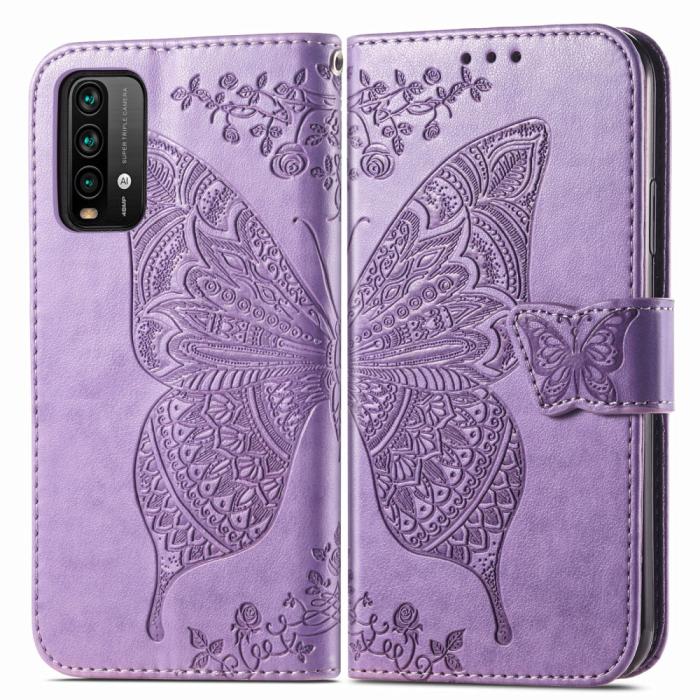 Bild 3, Xiaomi Redmi 9T - Butterfly Läder Fodral - Ljus Lila