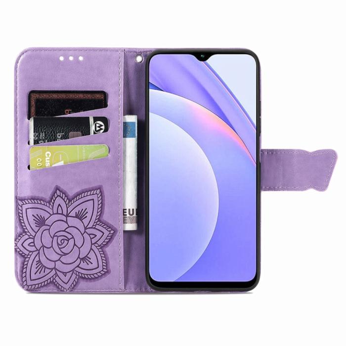 Bild 4, Xiaomi Redmi 9T - Butterfly Läder Fodral - Ljus Lila