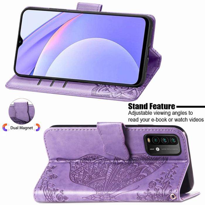 Bild 5, Xiaomi Redmi 9T - Butterfly Läder Fodral - Ljus Lila