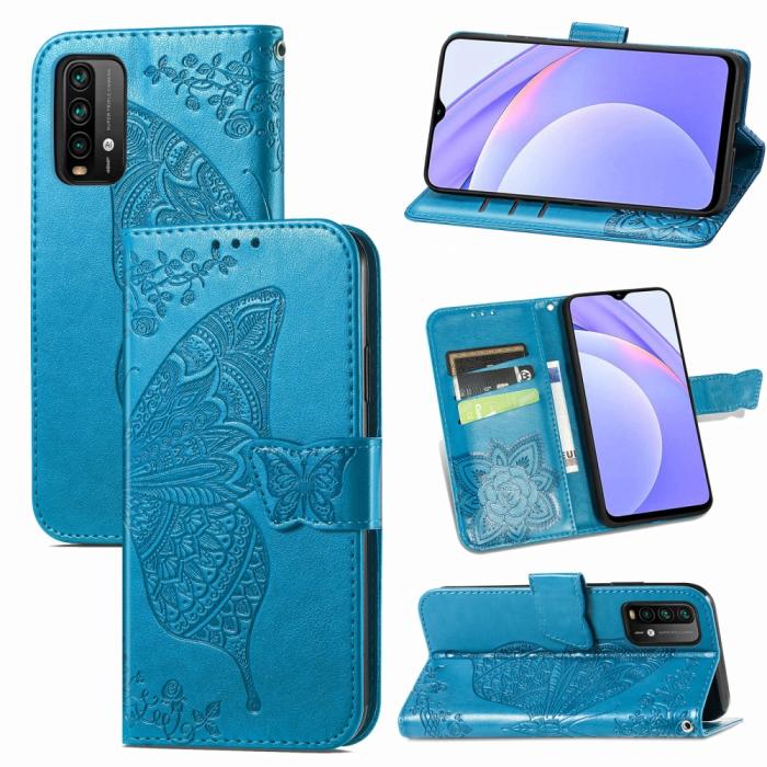 Bild 1, Xiaomi Redmi 9T - Butterfly Läder Fodral - Blå