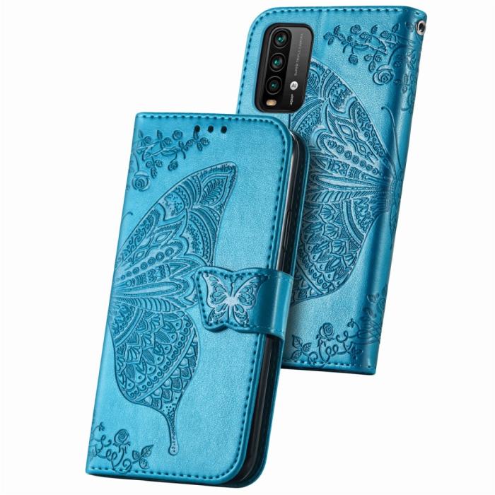 Bild 2, Xiaomi Redmi 9T - Butterfly Läder Fodral - Blå