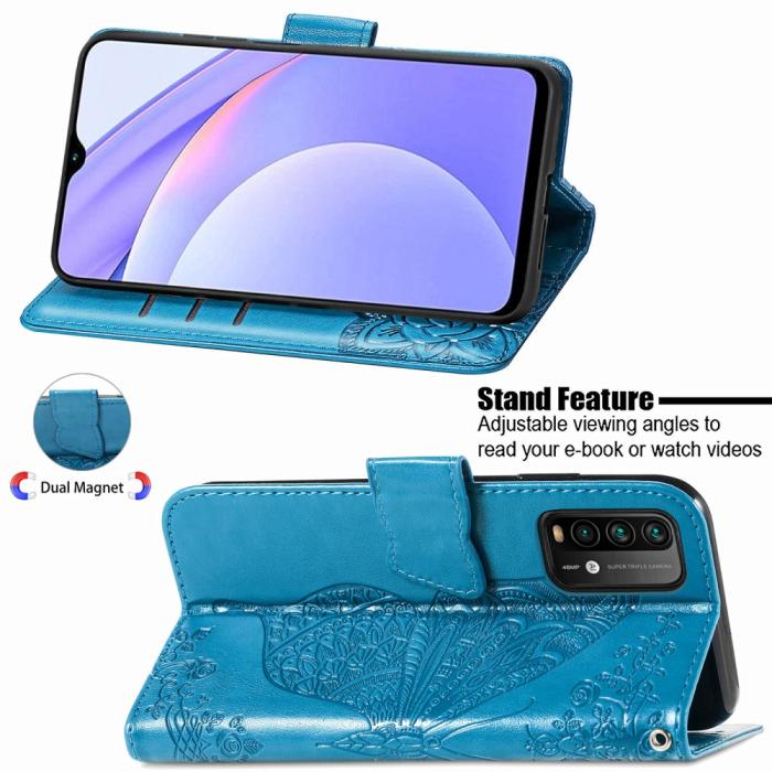 Bild 5, Xiaomi Redmi 9T - Butterfly Läder Fodral - Blå