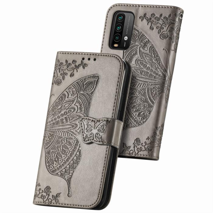 Bild 2, Xiaomi Redmi 9T - Butterfly Läder Fodral - Grå