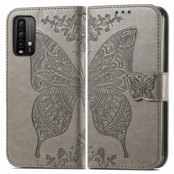 Bild 3, Xiaomi Redmi 9T - Butterfly Läder Fodral - Grå