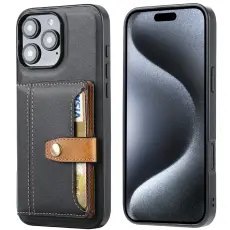 iPhone 16 Pro L&auml;der Skal Med Kortfack Svart