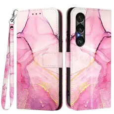 Sony Xperia 1 VII Fodral L&auml;der Marmor Rosa