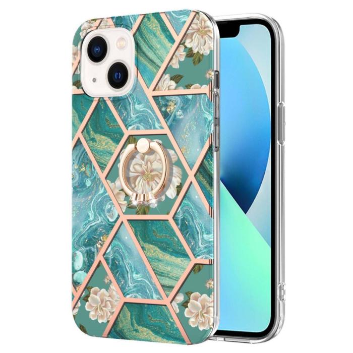 Bild 2, iPhone 15 Skal Marmor Ring Blå Blommor
