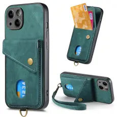 iPhone 15 Plus Skal Retro L&auml;der Med Kortfack Gr&ouml;n