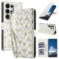 Samsung Galaxy S26 Ultra Fodral Rhombus L&auml;der Blommor Vit