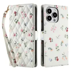 iPhone 16 Pro Fodral Rhombus L&auml;der Blommor Vit