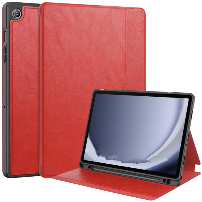 Bild 1, Galaxy Tab A9 Plus Fodral Business Läder Pennhållare Röd