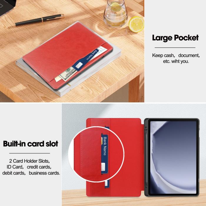 Bild 2, Galaxy Tab A9 Plus Fodral Business Läder Pennhållare Röd