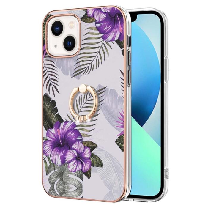 Bild 2, iPhone 15 Skal Marmor Ring Lila Blommor
