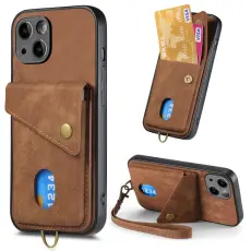 iPhone 15 Plus Skal Retro L&auml;der Med Kortfack Brun