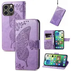 iPhone 15 Pro Fodral L&auml;der Tryckt Fj&auml;ril Lila