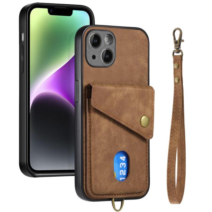 Bild 2, iPhone 15 Plus Skal Retro Läder Med Kortfack Brun