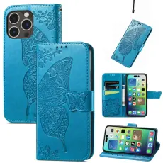 iPhone 15 Pro Fodral L&auml;der Tryckt Fj&auml;ril Bl&aring;