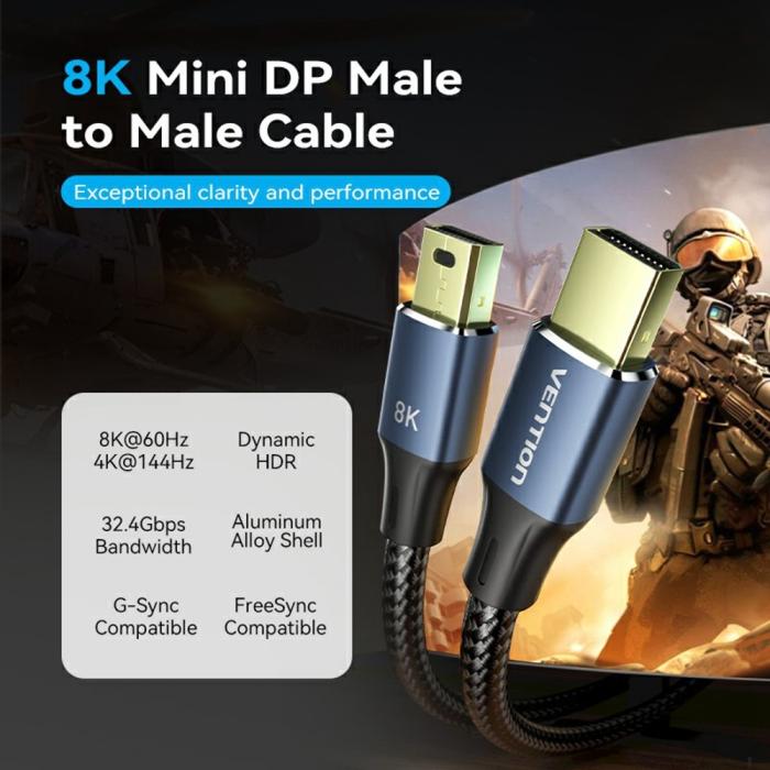 Bild 2, 2 m Mini DisplayPort Hane 8k 60Hz / 4K 144Hz Kabel Svart