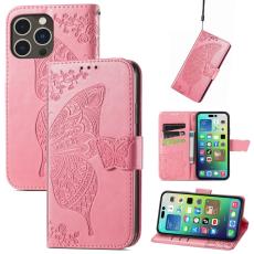 iPhone 15 Pro Fodral Läder Tryckt Fjäril Rosa