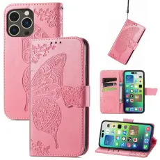 iPhone 15 Pro Fodral L&auml;der Tryckt Fj&auml;ril Rosa