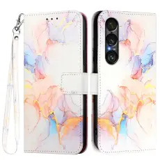 Sony Xperia 1 VII Fodral L&auml;der Marmor Vit