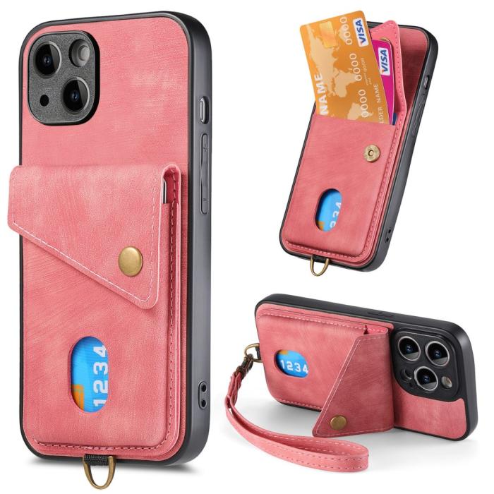 Bild 1, iPhone 15 Plus Skal Retro Läder Med Kortfack Rosa
