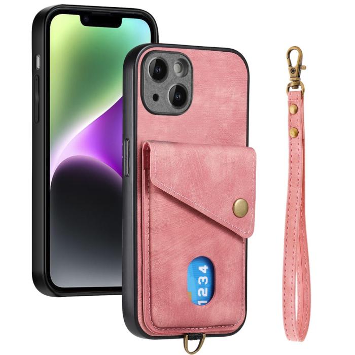 Bild 2, iPhone 15 Plus Skal Retro Läder Med Kortfack Rosa