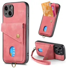 iPhone 15 Plus Skal Retro L&auml;der Med Kortfack Rosa