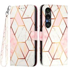 Sony Xperia 1 VII Fodral L&auml;der Marmor Rosa / Vit