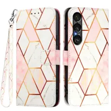Sony Xperia 1 VII Fodral L&auml;der Marmor Rosa / Vit