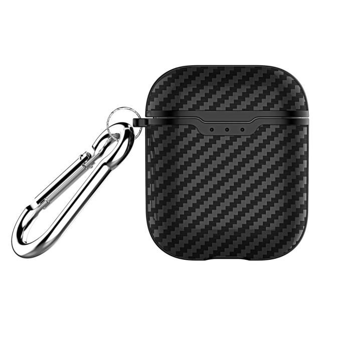 Bild 1, Kolfiber Textur Fodral Med Krok Till AirPods - Svart