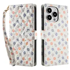 iPhone 16 Pro Fodral Rhombus L&auml;der Blommor Vit