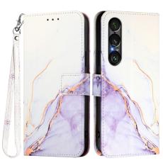 Sony Xperia 1 VII Fodral L&auml;der Marmor Vit / Lila