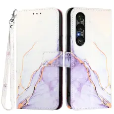 Sony Xperia 1 VII Fodral L&auml;der Marmor Vit / Lila