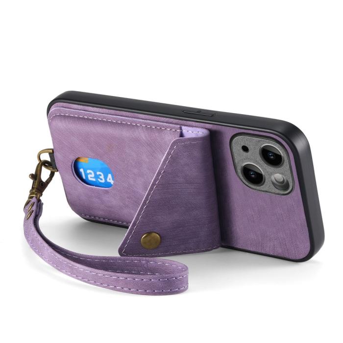 Bild 3, iPhone 15 Plus Skal Retro Läder Med Kortfack Lila