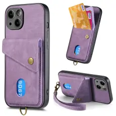 iPhone 15 Plus Skal Retro L&auml;der Med Kortfack Lila