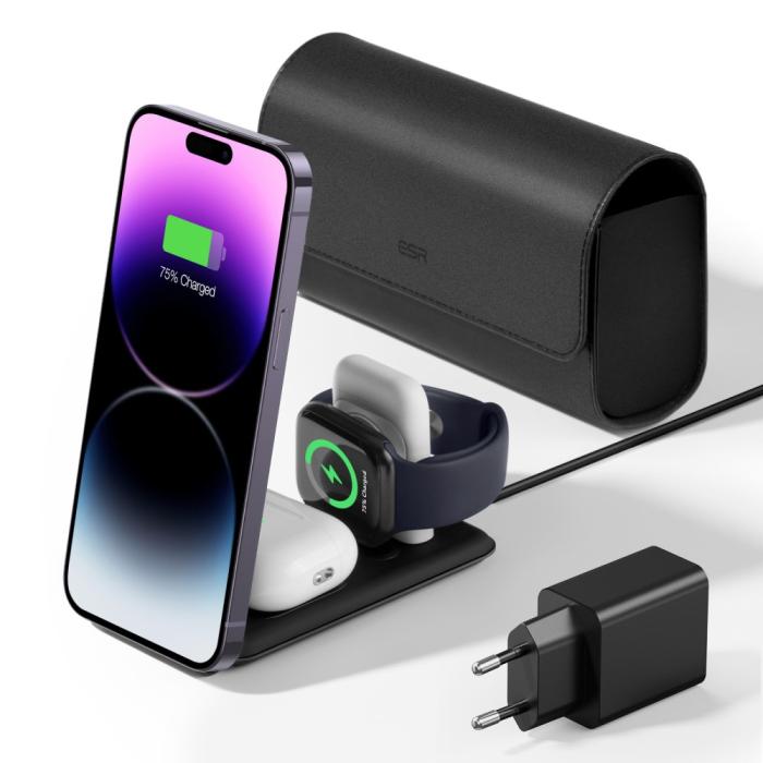 Bild 2, ESR HaloLock 3in1 Trådlös Laddare Vikbar Inkl. Adapter Svart