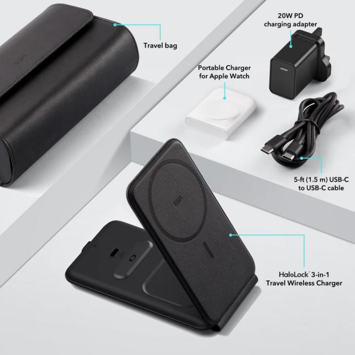 Bild 6, ESR HaloLock 3in1 Trådlös Laddare Vikbar Inkl. Adapter Svart