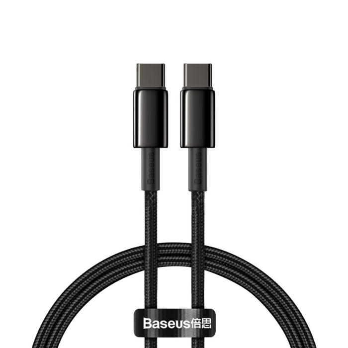 Bild 1, Baseus Tungsten 1m 100W 5A PD QC USB-C - USB-C Flätad Nylon Kabel - Svart