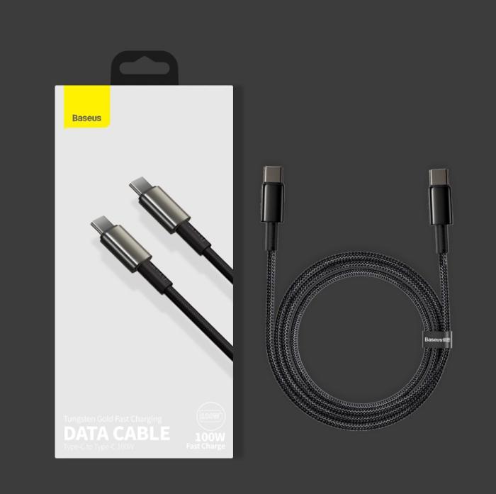Bild 5, Baseus Tungsten 1m 100W 5A PD QC USB-C - USB-C Flätad Nylon Kabel - Svart