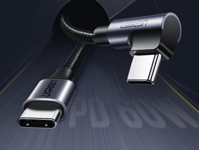 Bild 2, Ugreen 1m 60W 3A Elbow USB-C - USB-C Flätad Nylon Kabel - Svart/Grå