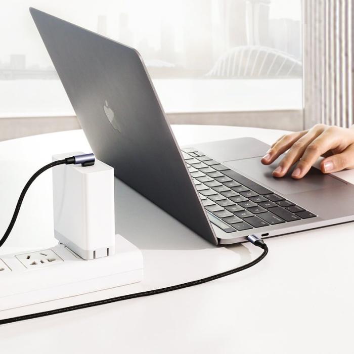 Bild 3, Ugreen 1m 60W 3A Elbow USB-C - USB-C Flätad Nylon Kabel - Svart/Grå