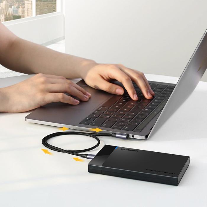Bild 5, Ugreen 1m 60W 3A Elbow USB-C - USB-C Flätad Nylon Kabel - Svart/Grå